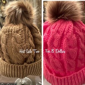 Hat sale two hats for 8 dollars. New Women’s Pink and Tan Puff Beanie.
